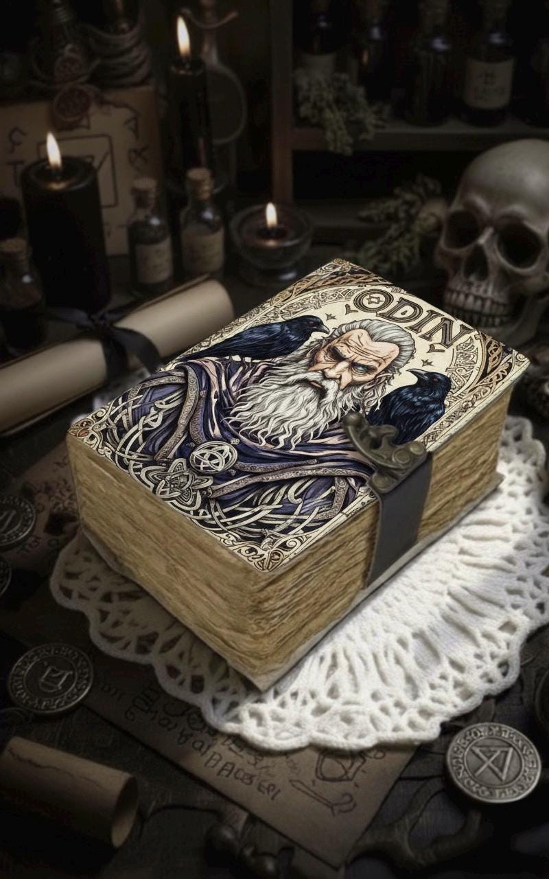 Odin Grimoire Book – Gothic Leather Journal with Deckle Edge Raven Spell Book of Shadows Handmade Sketchbook Magic Journal | Witchy Journal