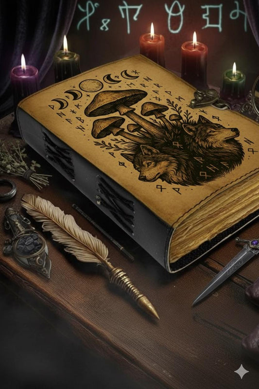Mushroom Grimoire Leather Journal - Moon Phase Book of Shadows Notebook - Blank Spell Book Fox Leather Journal Gifts for Women