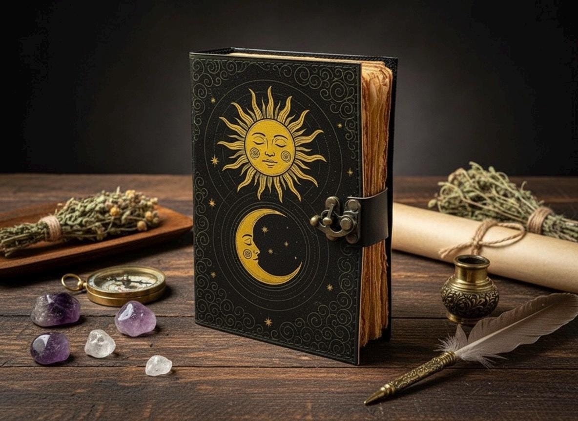 Sun Moon Grimoire Vintage leather journal, Moon Leather Journal, Blank spell book of shadows Halloween Gifts For Him Her