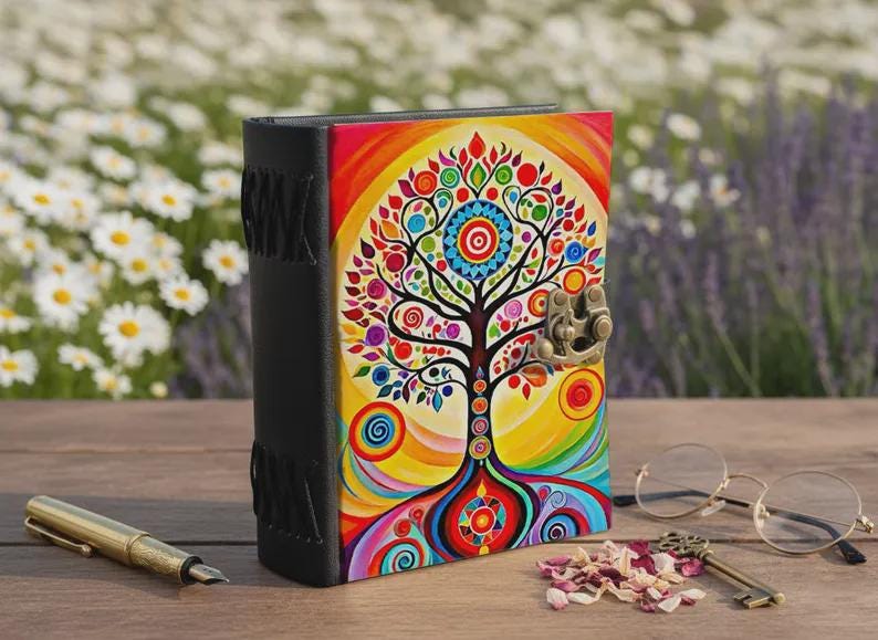 Tree of Life Grimoire β Leather Book of Shadows with Moon Phases | Handmade Witchcraft Spell Book | Celestial Journal for Gifts