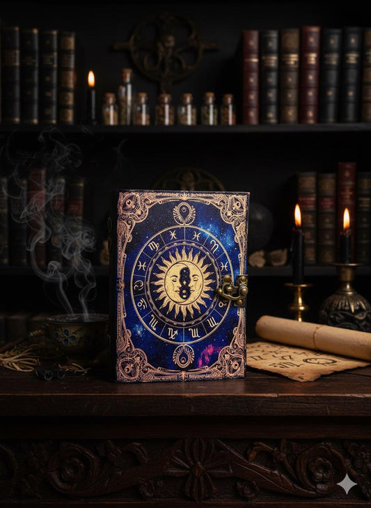 Handmade Leather Zodiac Journal: Sun & Moon Embossed Spell Book