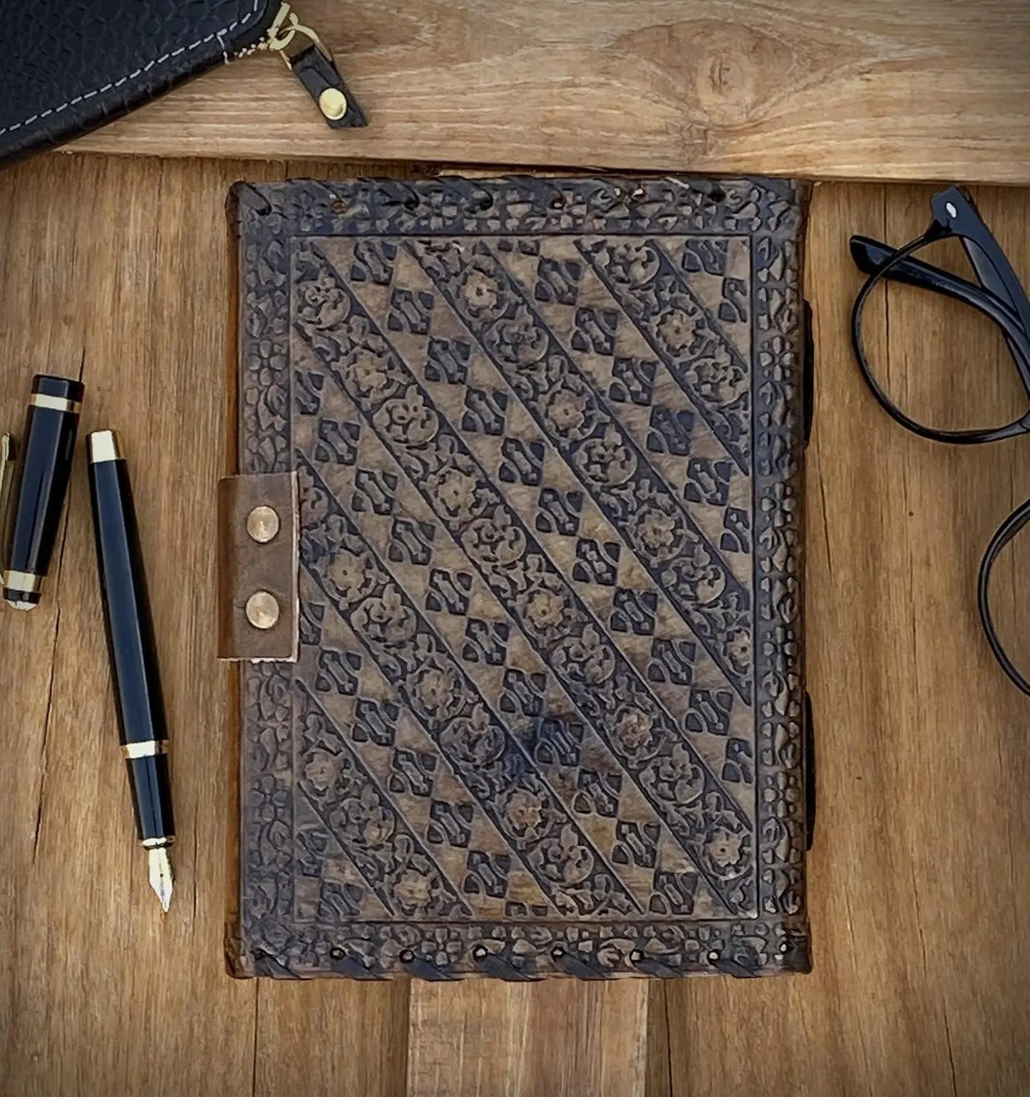 Handmade Leather embossed Journal with stone
