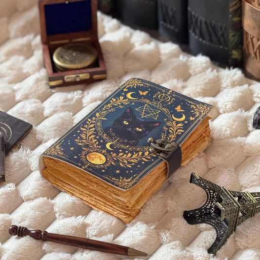 Cat Leather Journal: Vintage Handmade Grimoire, Blank Book of Shadows