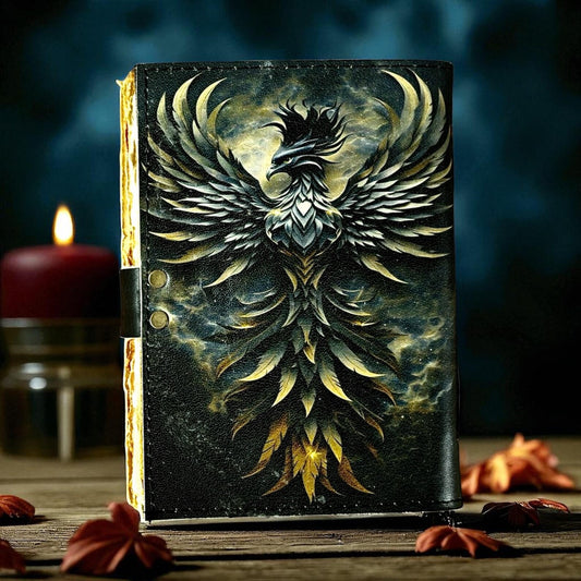Phoenix Grimoire Leather book of shadows Handmade Fire Element Spell Book, Custom Engraved Large Celestial Deckle Paper Gift