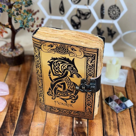 Viking Fenrir Leather Journal: Handmade Norse Grimoire, Celtic Wolf Design