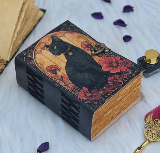 Mystic Black Cat Journal: Handmade Vintage Leather Grimoire with Lock