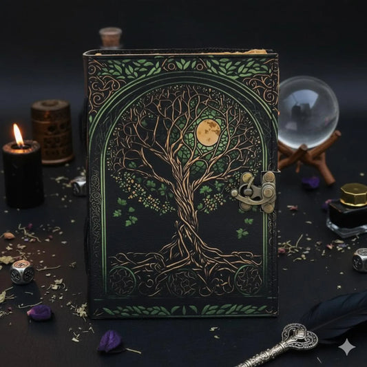 Tree of Life Grimoire – Leather Book of Shadows with Moon Phases | Handmade Witchcraft Spell Book | Celestial Journal for Gifts