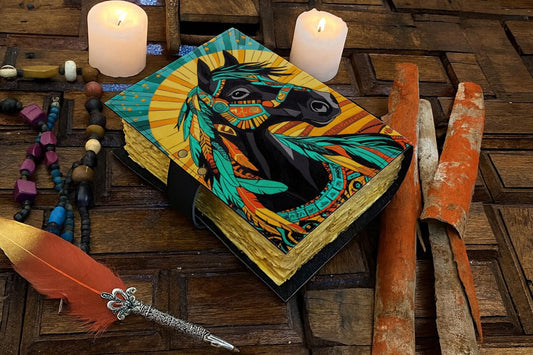Handmade Leather Journal with Horse Design – Rustic Western Notebook, Vintage Writing Diary with Deckle Edge Paper, Cowboy Cowgirl Gift