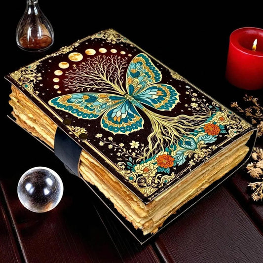 Luna Moth Leather Journal: Vintage Spell Book with Lock, Deckle Edge Paper