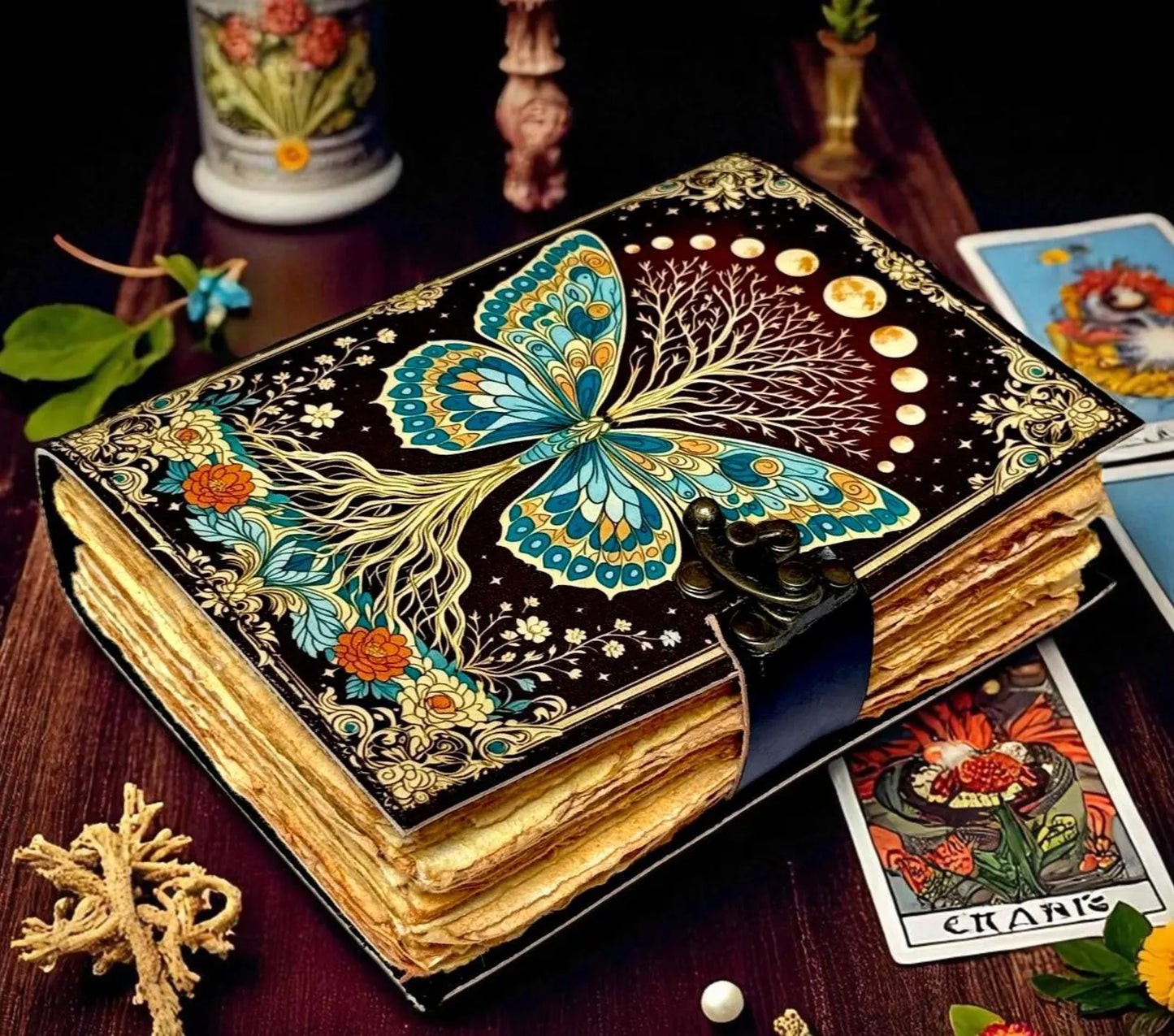 Luna Moth Leather Journal: Vintage Spell Book with Lock, Deckle Edge Paper