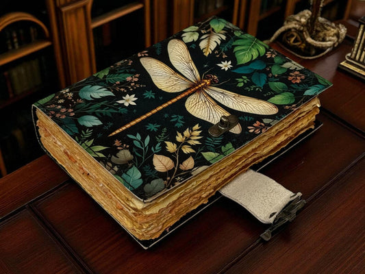 Dragonfly Leather Journal with Lock: Handmade Writing Notebook 200 Page Handmade Book of Shadows, Large Book Spell book, Magic Diary Gift