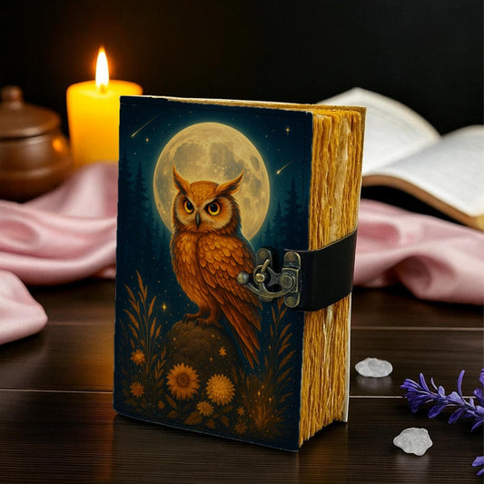 Owl Leather Journal – Handmade Gothic Grimoire Book of Shadows, 200 Pages Vintage Witchcraft Spellbook, Wiccan Pagan Magic Diary Occult Gift
