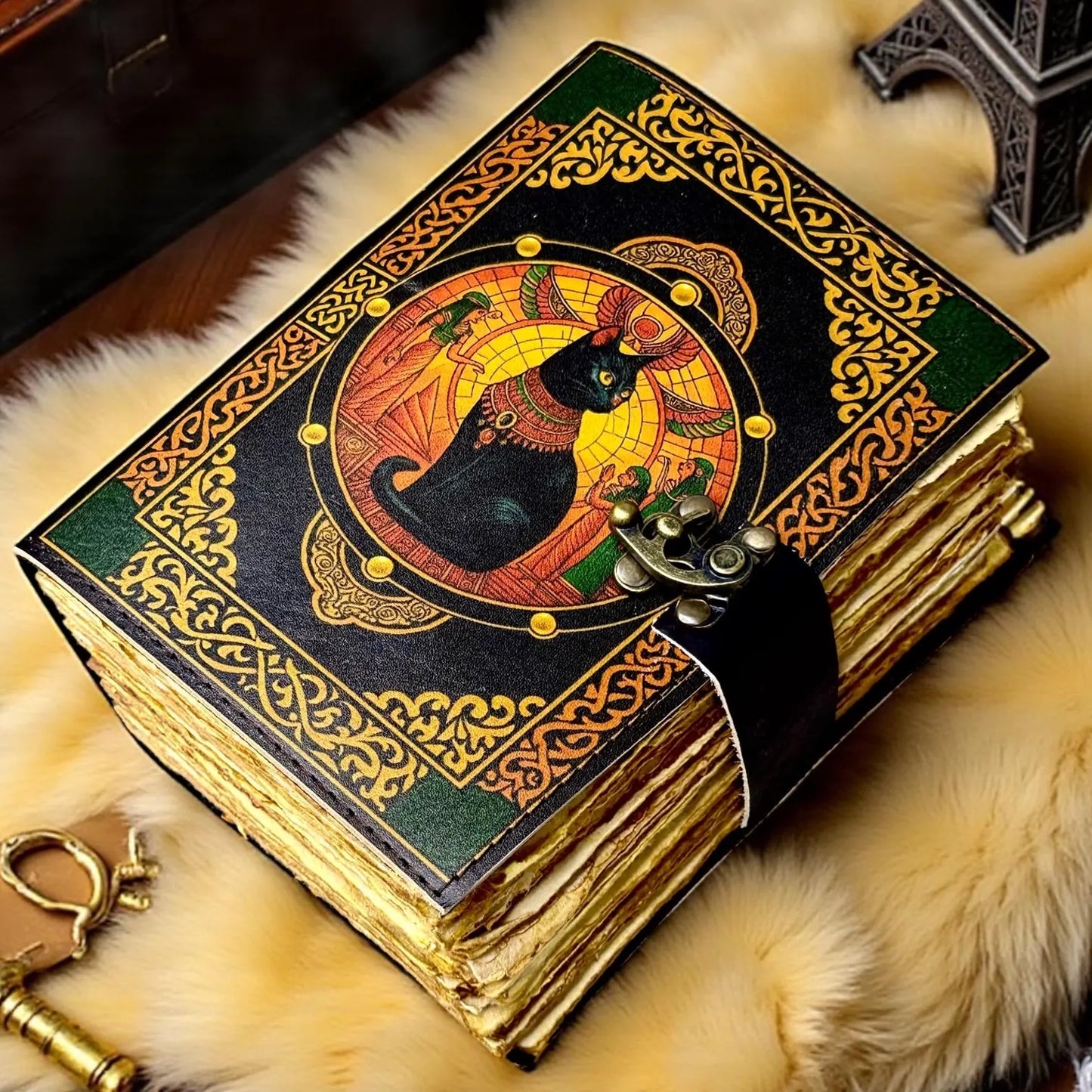 Egyptian Cat Leather Journal with Lock, 400 Pages Vintage Grimoire, Wiccan Pagan Spellbook, Witchcraft Gothic Notebook Gift, Gift for Her