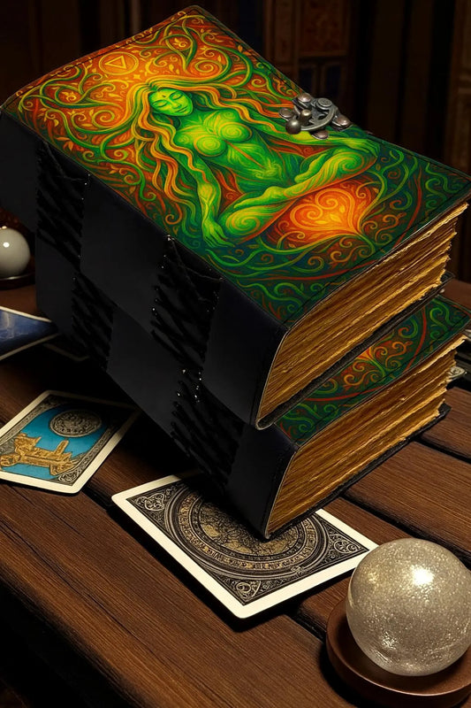 Green Goddess Leather Journal – Handmade Earth Element Grimoire Notebook, Embossed Meditation Diary with Lock, Pagan Wiccan Spellbook Gift