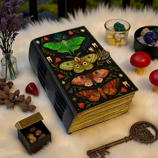 Handmade Leather Journal with Lock – Colorful Moth and Floral Grimoire, Witchy Art Notebook, Vintage Book of Shadows Boho Writing Diary Gift