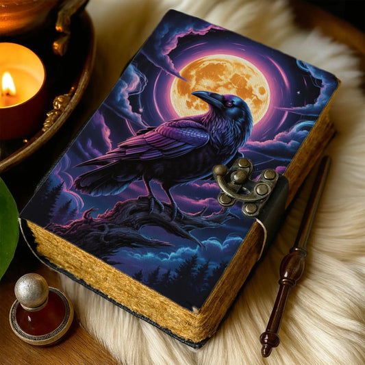 Handmade Leather Journal with Lock Raven and Full Moon Design Gothic Witchy Grimoire Notebook Celestial Crow Writing Diary Halloween Gift
