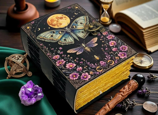 Floral Moon Moth Journal – Celestial Leather Grimoire | Handmade Book of Shadows | Witchy Garden Sketchbook | Full Moon Diary |