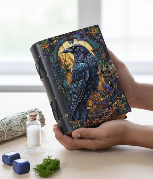 Raven Leather Grimoire - Gothic Book of Shadows, Witchcraft Spell Journal Grimoire Journal