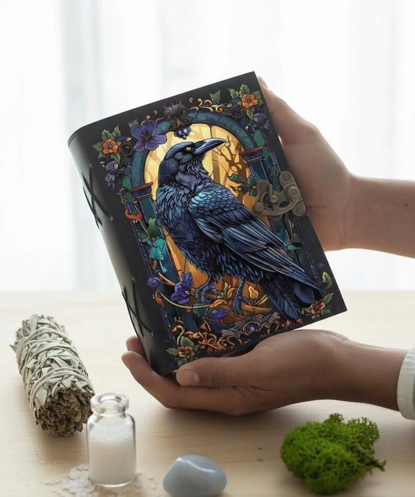 Raven Leather Grimoire - Gothic Book of Shadows, Witchcraft Spell Journal Grimoire Journal