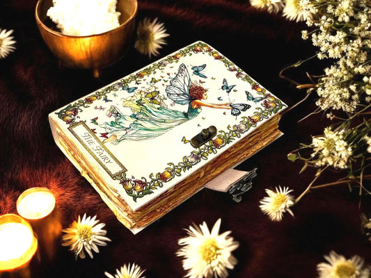 Enchanted Fairy Leather Journal Handmade Vintage Grimoire Art Nouveau Fairy Sketchbook with Lock | Deckle Edge Pap | Gift for Women & Girls