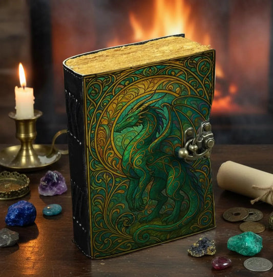 Green Dragon Leather Journal – Handmade Spellbook with Lock, Vintage Deckle Paper, Medieval Gothic Notebook, Dragon Lover Gift