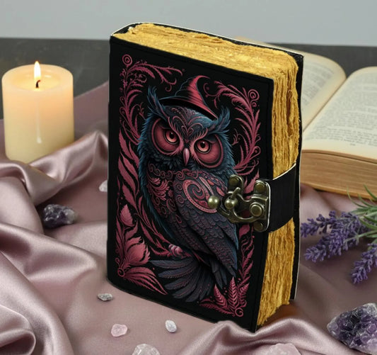 Leather Journal – Handmade Owl Leather Notebook with Lock | Vintage Deckle Edge Paper Diary | Witchy Owl Gift | Unique Gift for Women & Men