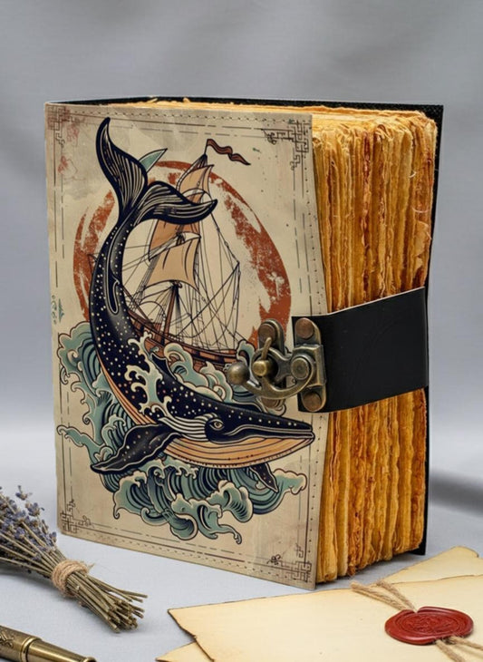 Whale Leather Journal – Handmade Nautical Notebook with Lock, Vintage Deckle Edge Paper, Sailing Ship Sea Art Diary, Ocean Lover Gift