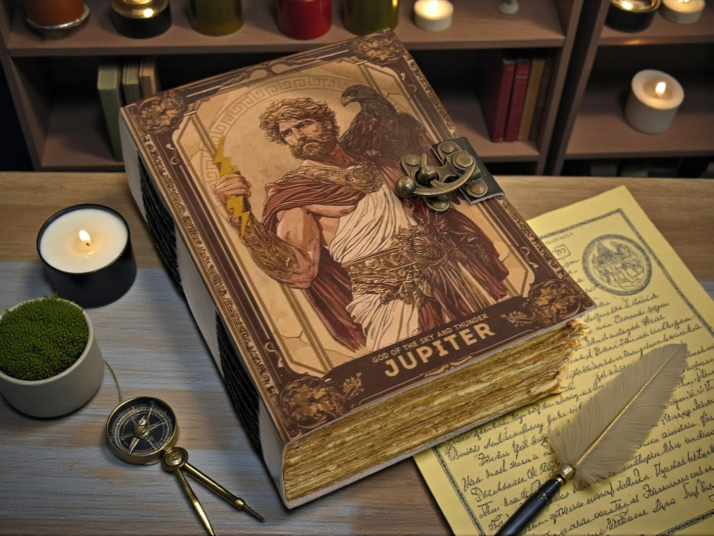 Jupiter Tarot Grimoire Leather Journal – God of Sky Thunder Notebook, Mythology & Witchcraft Writing Gift