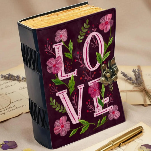 Floral LOVE Leather Journal – Handmade Romantic Notebook with Lock, Purple Vintage Deckle Edge Paper, Anniversary Valentine Gift, Love Diary