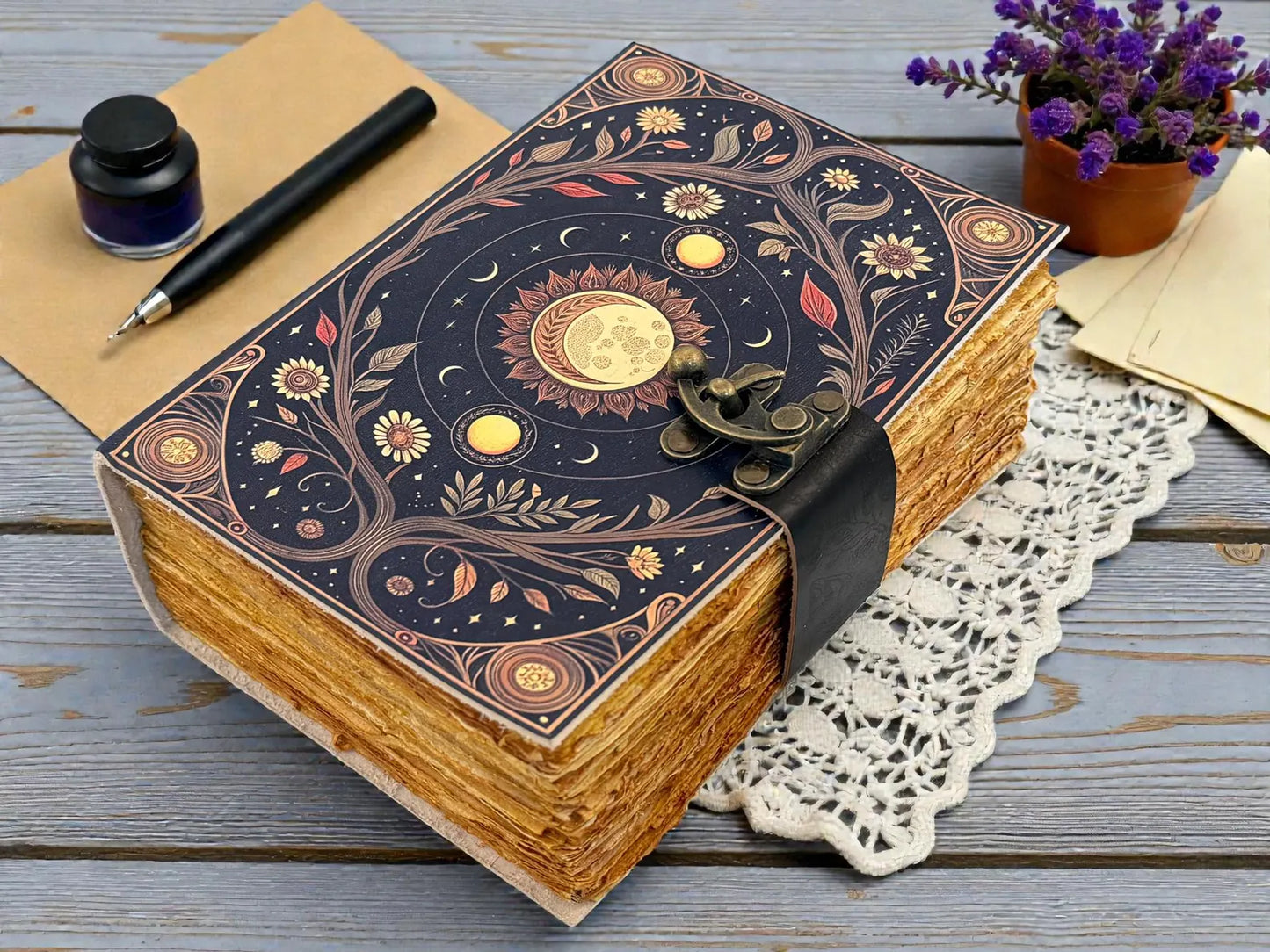 Sun Moon Grimoire Leather Journal – Celestial Astrology Notebook, Vintage Spell Book Gift for her
