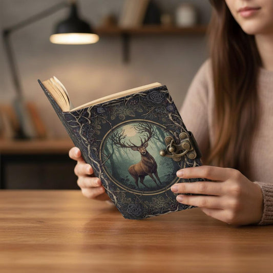 Stag Leather Journal – Handmade Vintage Forest Writing Notebook with Lock