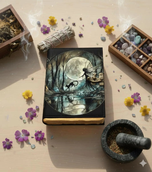 Handmade Fairy n Cat Leather Grimoire –Blank spell Book of Shadows Witchcraft Journal, Wiccan Pagan Notebook, Daily diary Magic Journal Gift