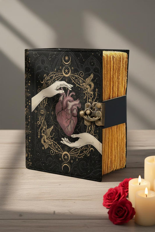 Handmade Sacred Heart Leather Journal with Brass Clasp – Gothic Occult Notebook