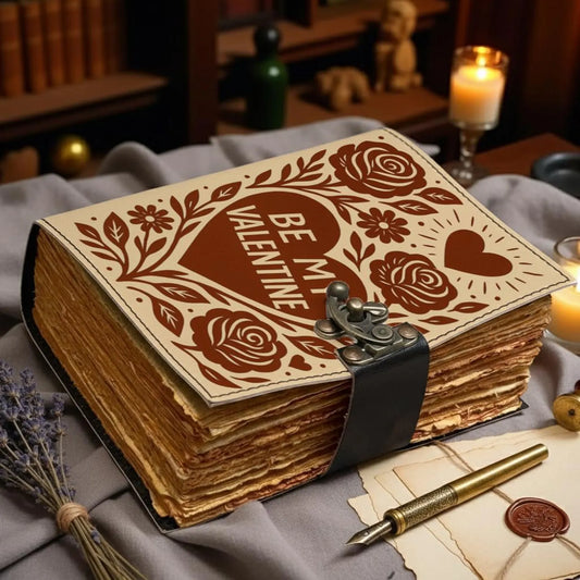 LOVE Leather Journal – Handmade Romantic Notebook with Lock, Vintage Deckle Edge Paper, Floral Heart Diary, Valentine Anniversary Gift