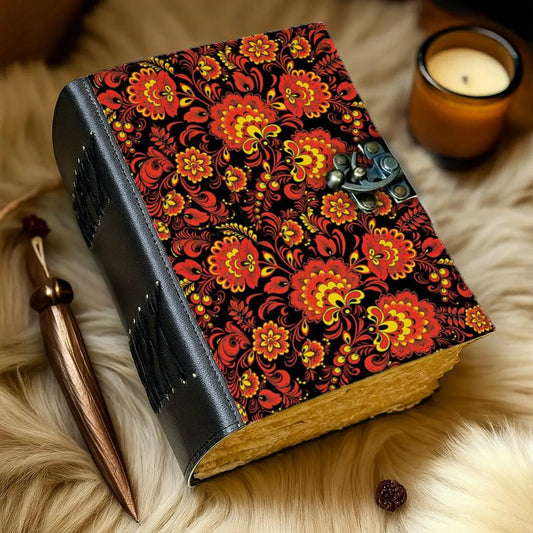 Handmade Leather Floral Journal – Red & Gold Folk Art Notebook, Vintage Deckle Edge Paper, Boho Writing Diary Gift