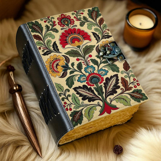 Handmade Leather Floral Journal – Vintage Cream Botanical Notebook, Deckle Edge Paper, Boho Writing Diary Gift
