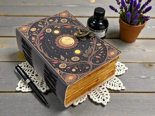 Sun Moon Grimoire Leather Journal – Celestial Astrology Notebook, Vintage Spell Book Gift for her