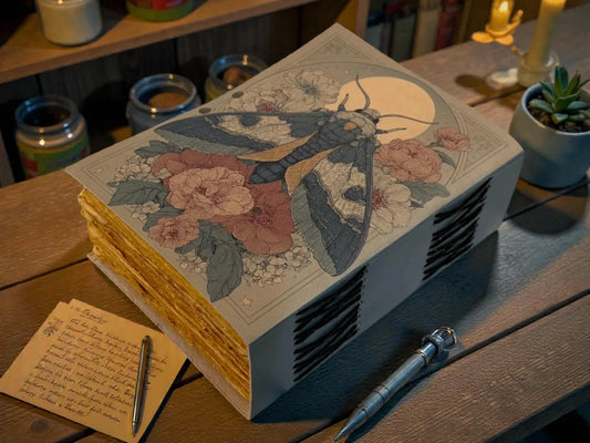 Luna Moth Moon Leather Grimoire – Witchy Forest Journal, Handmade Celestial Writing Book gift for him