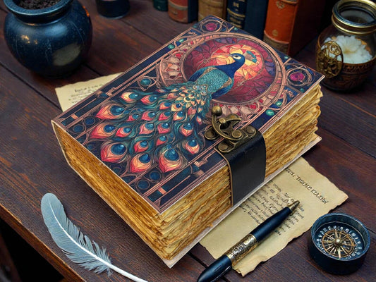 Peacock Leather Grimoire – Handmade Book of Shadows with Deckle Edge Pages