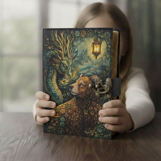 Forest Dragon & Bear Leather Journal – Handmade Fantasy Writing Notebook with Lock