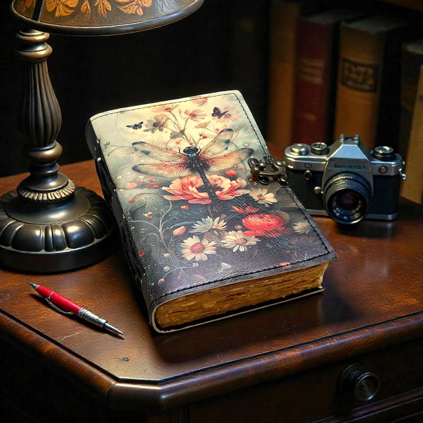 Dragonfly Leather Journal with Lock: Handmade Writing Notebook 400 Page Handmade Book of Shadows, Large Book Spell book, Magic Diary Gift