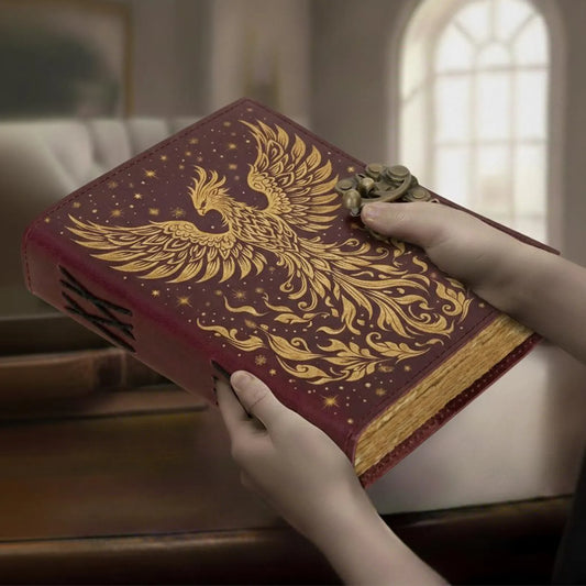 Phoenix Leather Journal – Handmade Burgundy Writing Notebook with Antique Lock