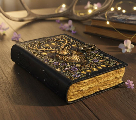 Handmade Stag Spirit Leather Journal – Forest Guardian Grimoire | Celtic Woodland Notebook