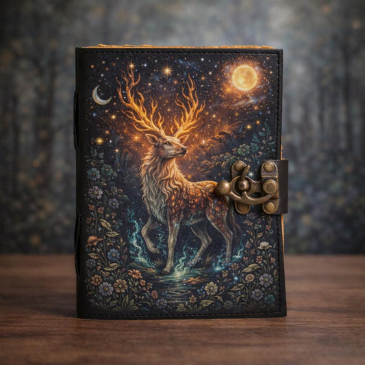 Handmade Celestial Stag Leather Journal – Moonlit Forest Grimoire | Spirit Animal Notebook