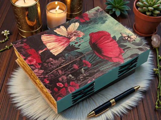 Fairy Flower Vintage Leather Grimoire Notebook –Blank spell Book of Shadows - Witchcraft Magic Journal Gift -Wiccan Pagan diary for Writers