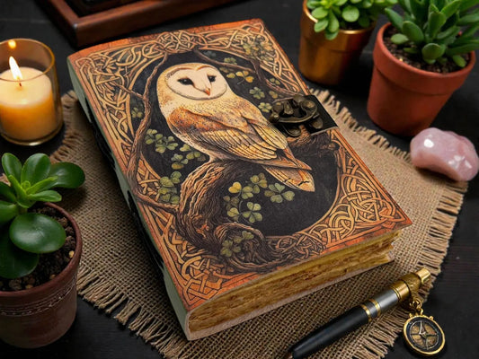 Handmade Owl Leather Grimoire –Gothic Blank Spell Book of Shadows Wiccan Gifts – Vintage Deckle Edge page Journal