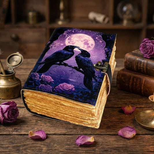 Witchy Raven Leather Journal – Handmade Deckle Edge page blank spell Book of Shadows