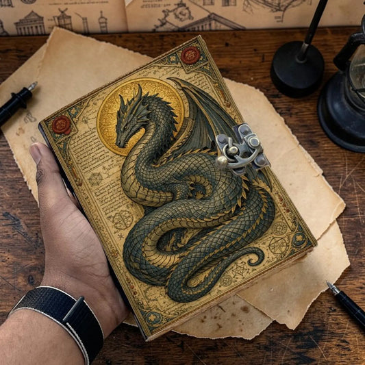 Dragon Leather Journal with Lock – Handmade Notebook, Vintage Deckle Edge Paper Diary, Dragon Spell Book, Gift for Writers