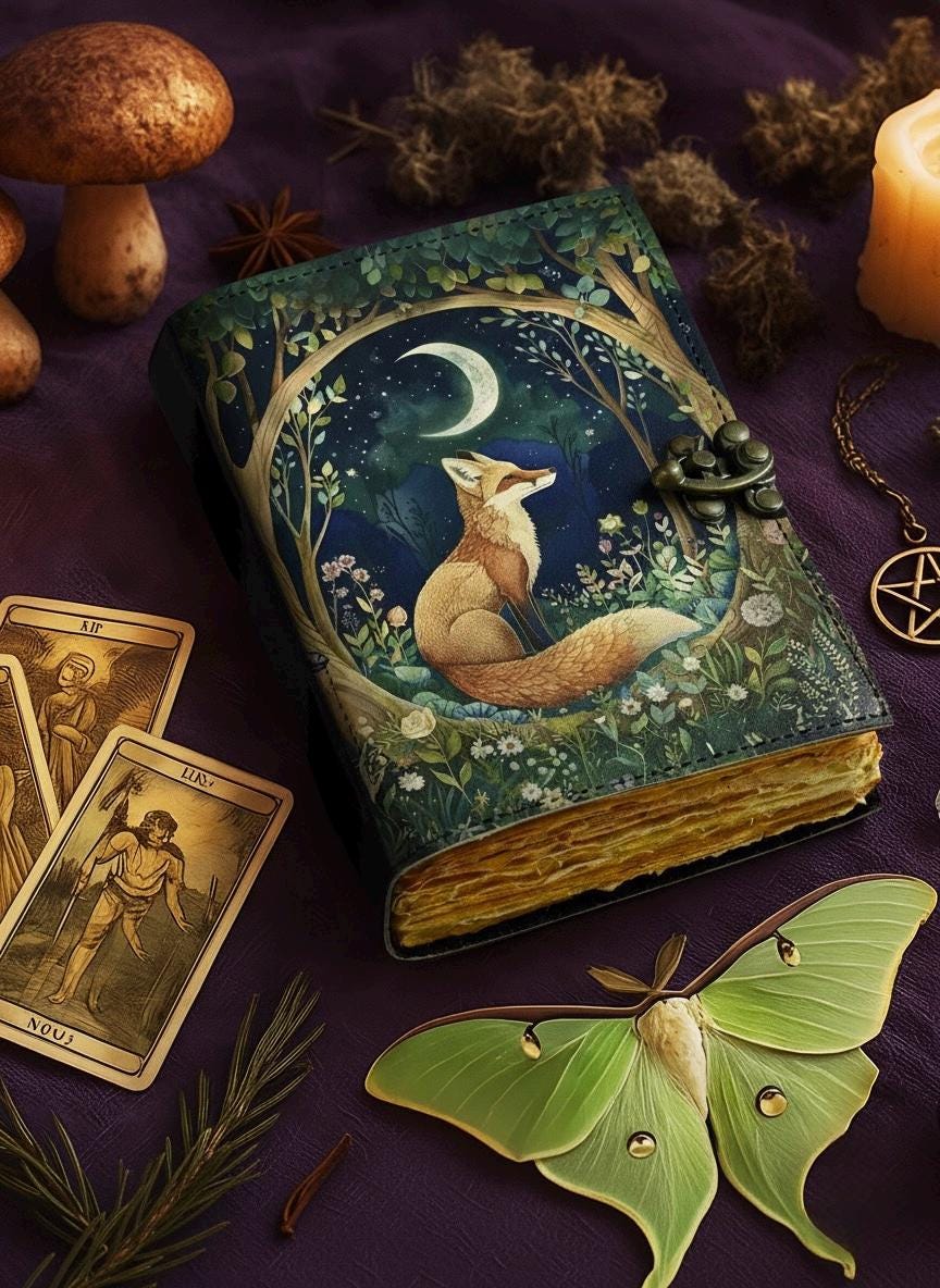 Fox Leather Grimoire Journal – Handmade Spell Book of Shadows, Vintage Witchcraft Spellbook, Wiccan Pagan Gothic Magic Diary Gift