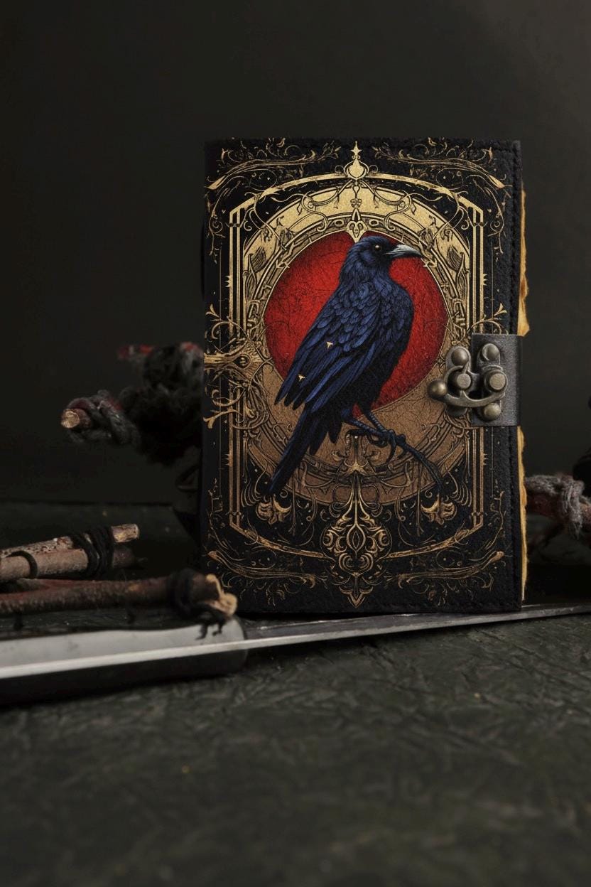Raven Witchcraft Leather Journal Gothic Grimoire Book of Shadows Vintage Raven Grimoire Journal Witchcraft Journal Raven gifts for Halloween